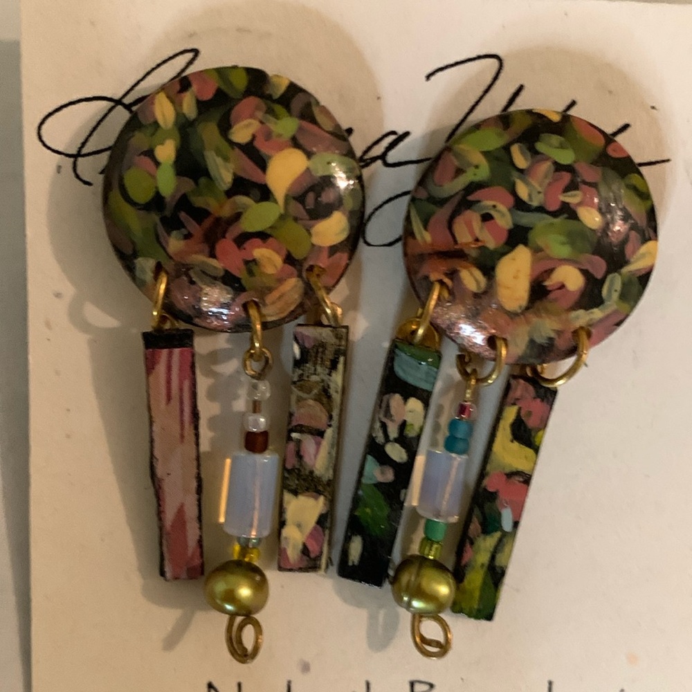 Hand-painted dangle earrings with beads created by Barbara Yalof. One of a kind!